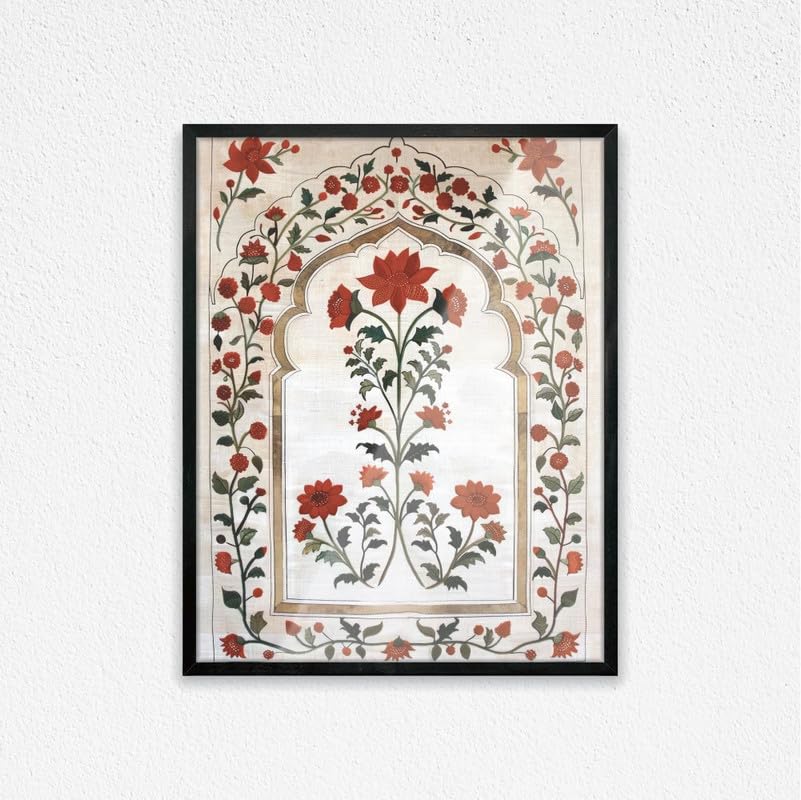 Art Decor Floral Embroidery Wall Art Red and Green Pattern Art Framed Fine Art Wall Art Wall Décor for Living Room Bedroom Home Office Gifting 45x60cm