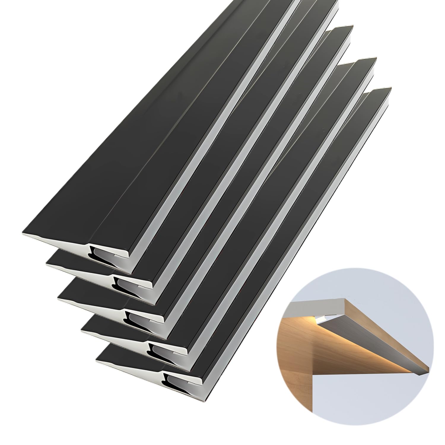 5Pack 1M/3.3ft Ultra-Thin Led Aluminum Profile, 45° Oblique Lighting Cabinet LED Lamp, Invisible H7mm Surface Mounted Wardrobe Layer Shelf Panel Hard Bar Strip Light Channel System(Black)