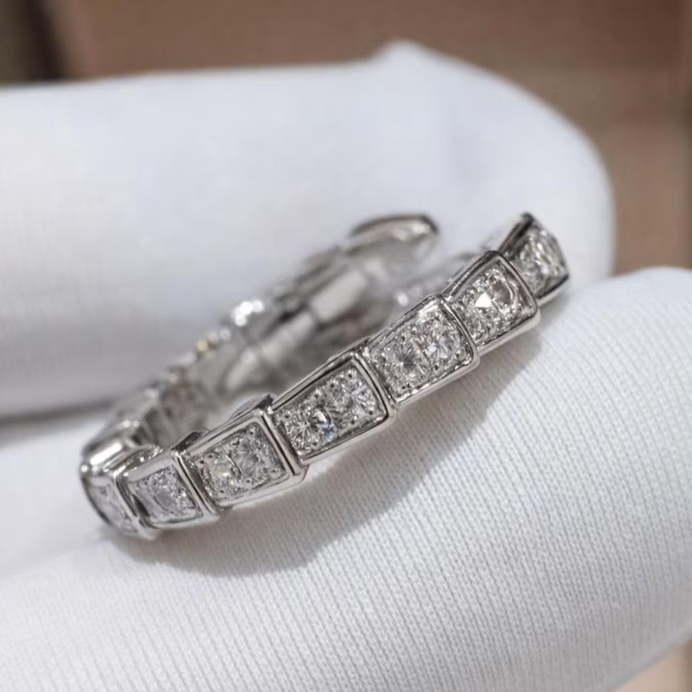 SilverDia 925 Sterling Silver Vintage Snake Style Eternity Wedding Band Ring For Women's 14K White Gold Plated Diamond Accent Band Ring Handmade Art Deco Inspired Elegant Jewelry Gift For Her