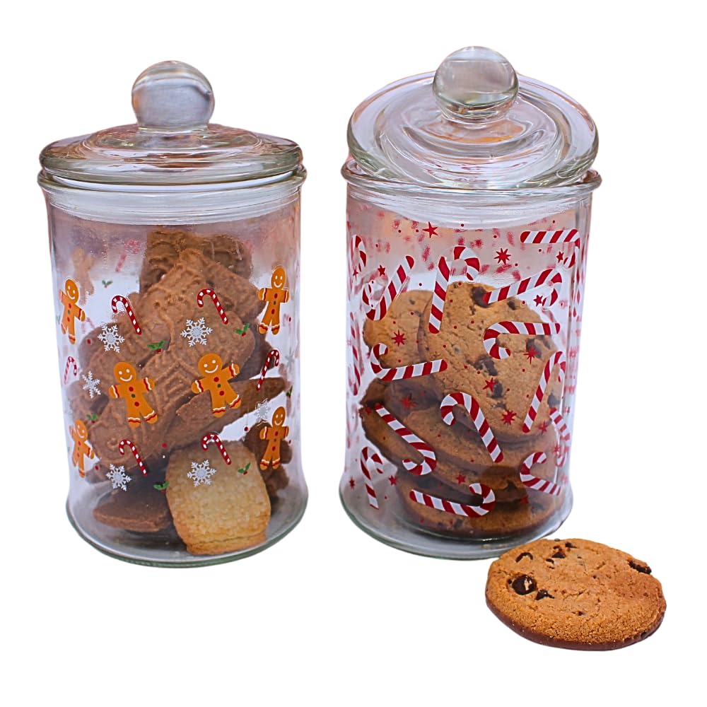 Barattolo per aromi, contenitore in vetro con motivo natalizio, per biscotti con pan di zenzero e bastoncini di zucchero, altezza 19 x 10 cm, capacità 600 ml per bicchiere, contenuto della confezione: