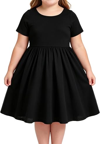 3-14Y Plus Size Girls Loose Short Sleeve Dress A-Line Flowy Casual Dress with Pockets Back Cross Ties for School