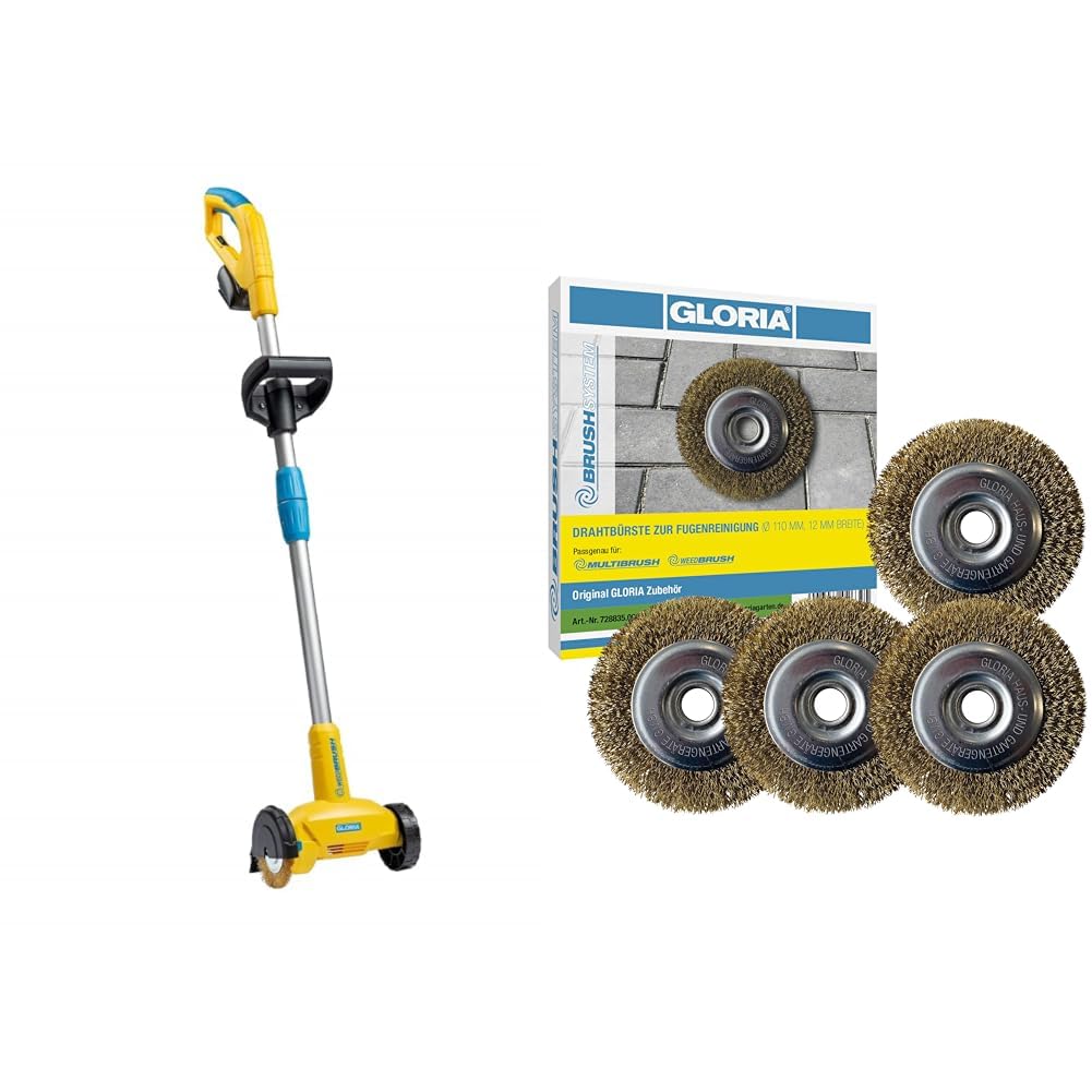 GLORIA WeedBrush li-on Vorrats-Set | Akku Fugenreiniger inkl. 5x Stahldraht-Fugenbürste | Elektrische Unkrautbürste für Pflaster, Einfahrt & Terrasse | Für BOSCH 18V Akku (nicht enthalten)
