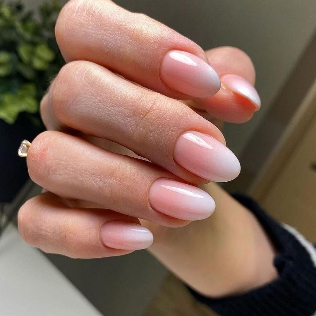 SINSEN Gradient Pink Press on Nails, Glossy Medium Almond Fake Nails, Cool Acrylic Full Cover False Nails Design with Gradient Pink Whitening, Artificial Reusable Static Nails for Elegant Women&Girls