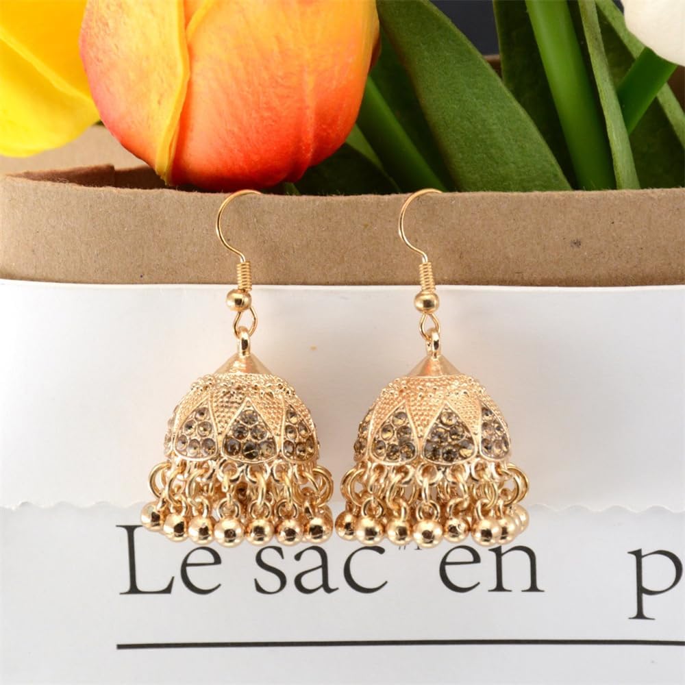 Bohemian CZ Jhumki Bell Beaded Tassel Dangle Drop Earrings for Women Gold Plated Vintage Sparkly Crystal Ethnic Jhumka Chandelier Dangling Statement Hook Traditional Indian Gypsy Fashion Jewelry - Image 2