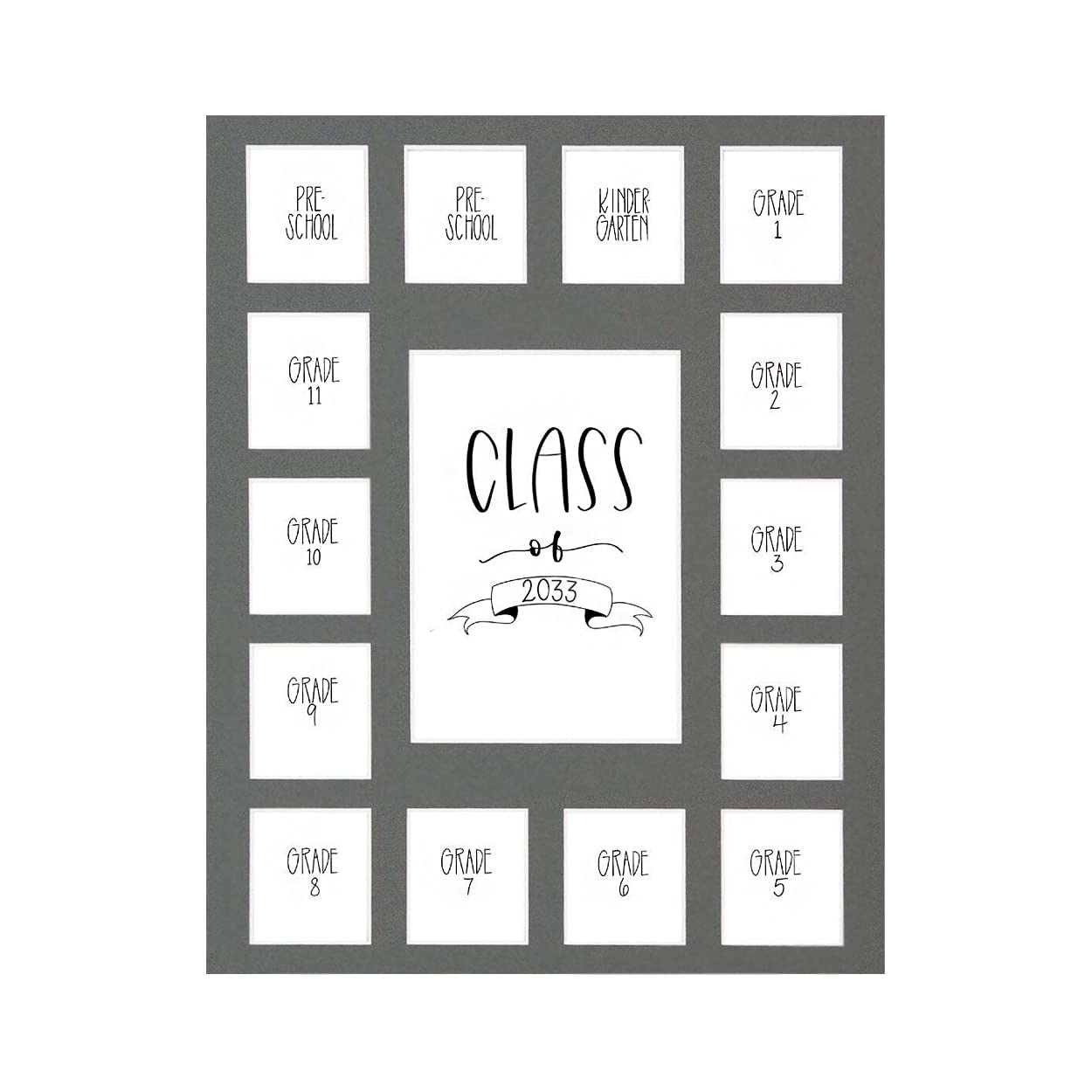 Rustic Red Door Co. Class of 2033 Photo Mat (11" x 14") Photo Collage Picture Frames Mat for School Pictures - No Frame Grey Photo Mat from Pre - K to Graduation (15 Photos)