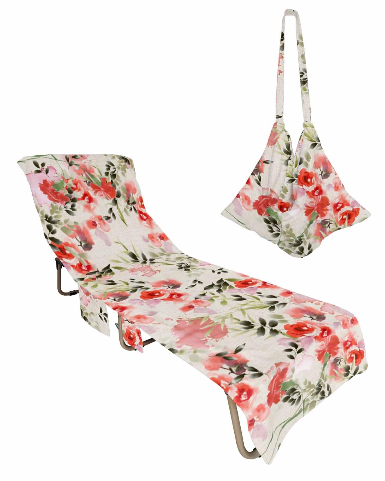 Farmhouse Flower Beach Chair Towel Covers for Chaise Lounge with Side Pocket, Soft Plush Pool Towels Cover for Patio Sunbathing Outdoor 29''x85'' Traditional Ink Painting Red Sage Leaf