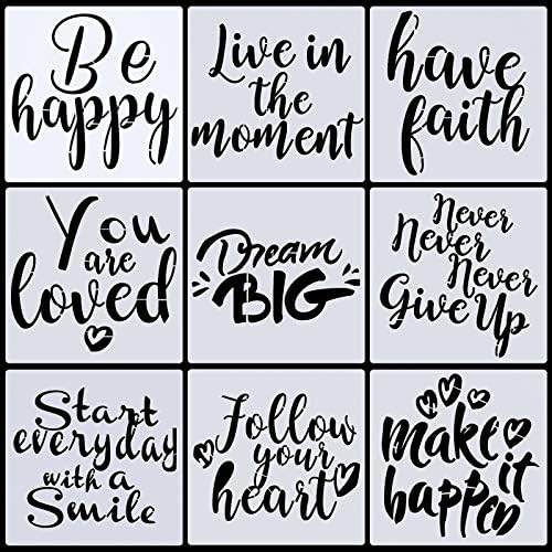 VETPW 9 Pcs Motivational Drawing Painting Template Craft Inspirational Quote Stencil Set, Reusable Shapes Word Stencils Scale Templates for Floors, Window, Furniture, Wood, Wall Design, 20x20CM