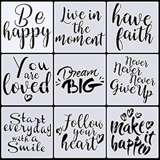 VETPW 9 Pcs Motivational Drawing Painting Template Craft Inspirational Quote Stencil Set, Reusable Shapes Word Stencils Scale Templates for Floors, Window, Furniture, Wood, Wall Design, 20x20CM