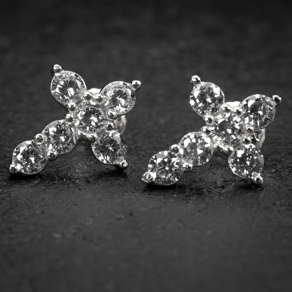 Mens Women's Small Solitaire Prong Set Iced 5A Cz Hip Hop White Gold 925 Sterling Silver Hypoallergenic Crucifix Ice Out Cubic Zirconia Gothic Cross Screw Back Stud Earrings - Image 7
