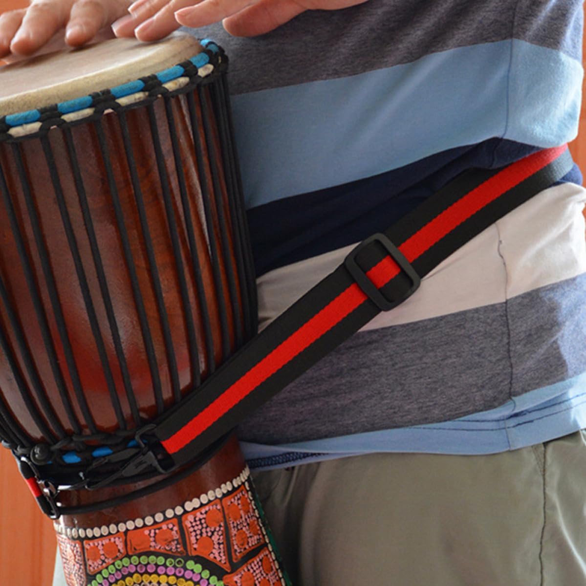 Ipetboom Adjustable African Drum Strap with Metal Hooks Cotton Stripe Drum Belt Replacement for Djembe Musical Instrument Accessory Shoulder Sling for Marching and Performance