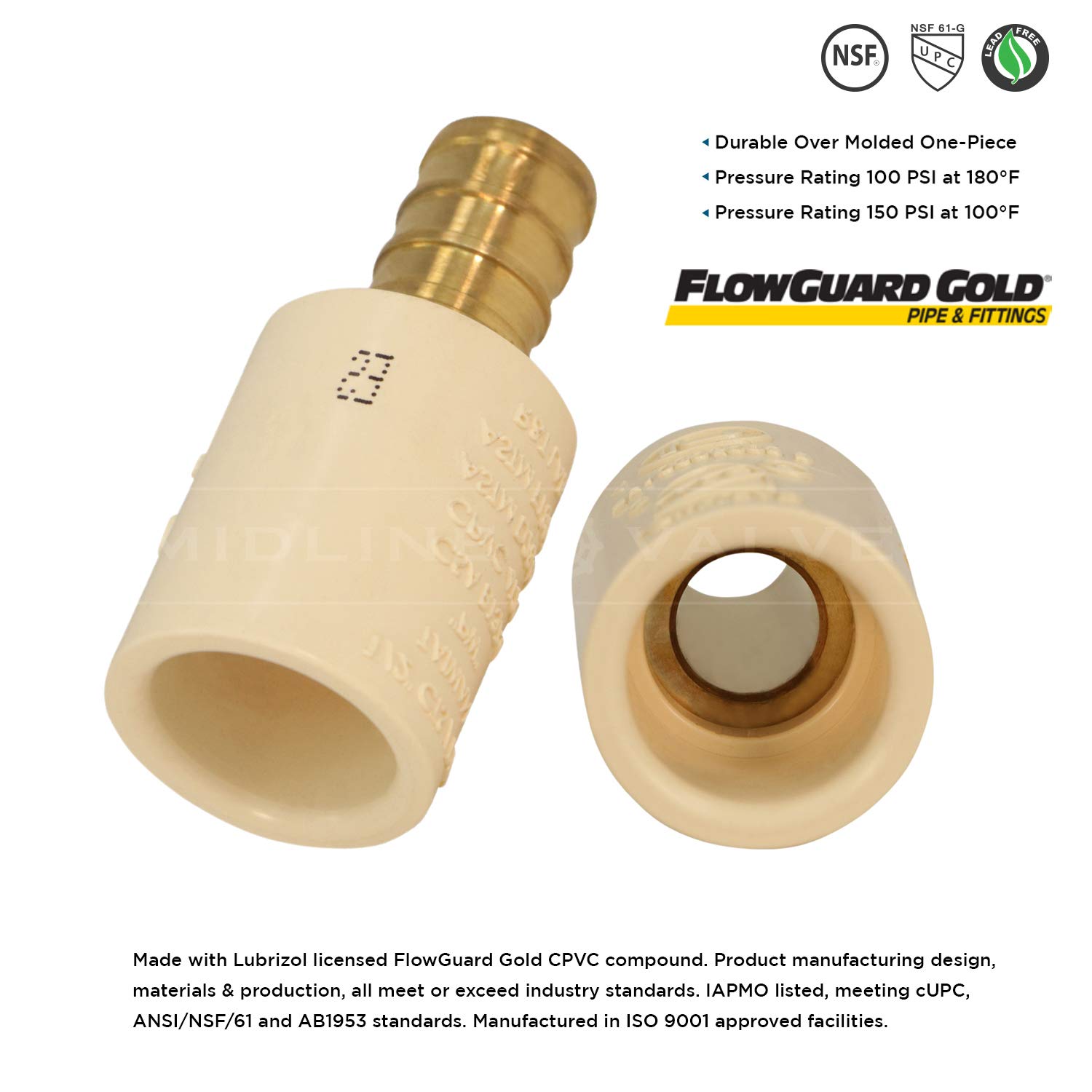Midline Valve CSDQQG034-OM-5 Lot de 5 raccords de tuyau en laiton sans plomb PEX cannelé x CPVC 3/4"