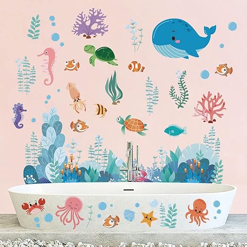 Miniatura 4 de Supzone Calcomanías de pared bajo el mar, calcomanías de pared de criaturas oceánicas, delfín, tortuga, océano, hierba, vida marina, colorido,
