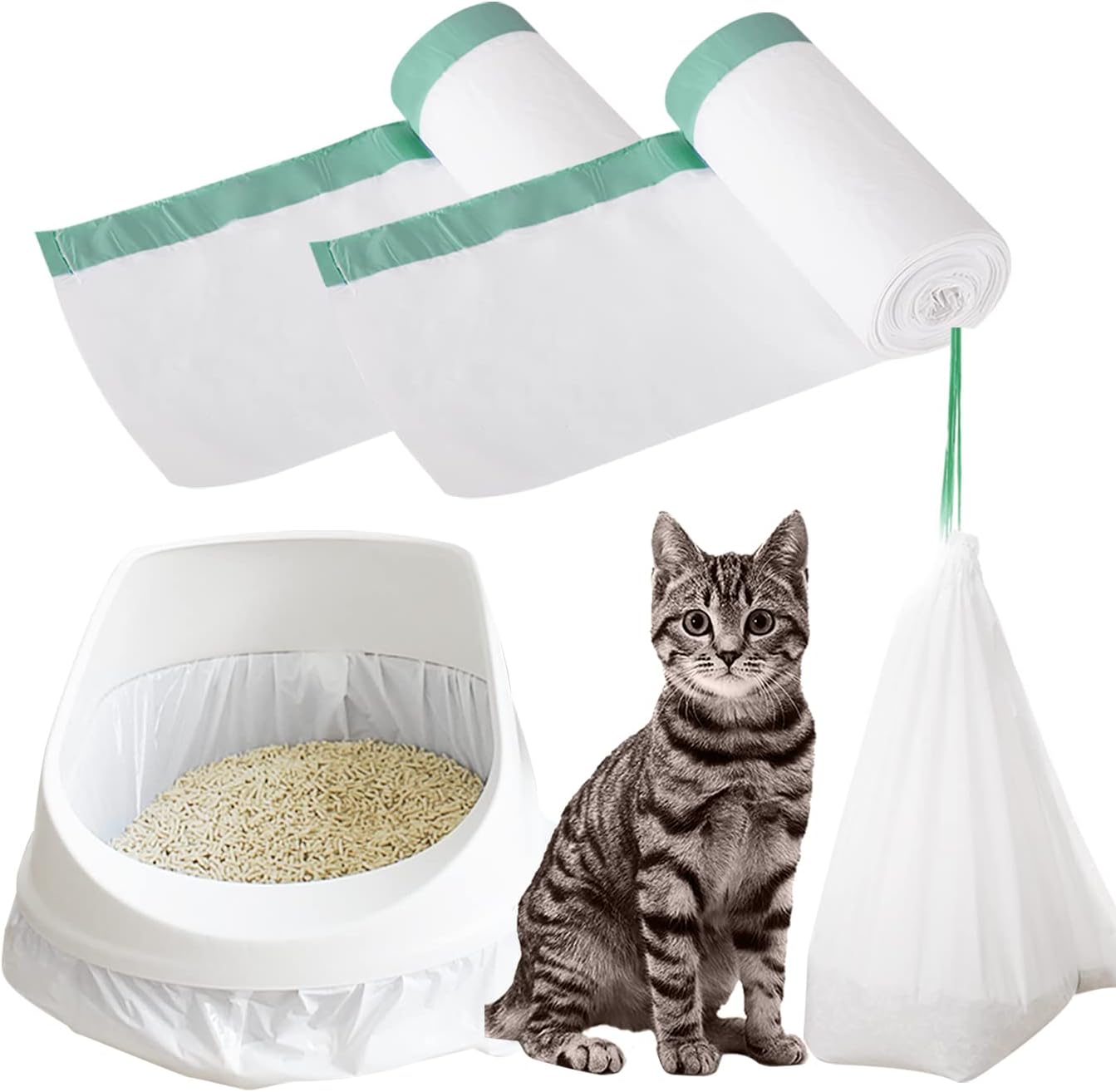 2 Roll Cat Litter Box Liners Disposable Bags with Drawstring for Cat Kitty Pet Waste Litter Box Bag, Extra-Thick Scratch Resistant (M)