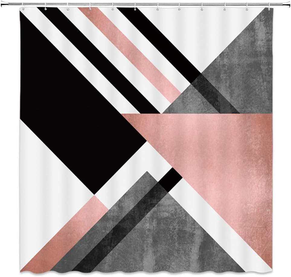 AMFD Geometric Shower Curtain Abstract Triangle Striped Pattern Fashion Pink Gray White Black Bathroom Curtains Decor Polyester Fabric Waterproof 70 X 70 Inches Include Hooks