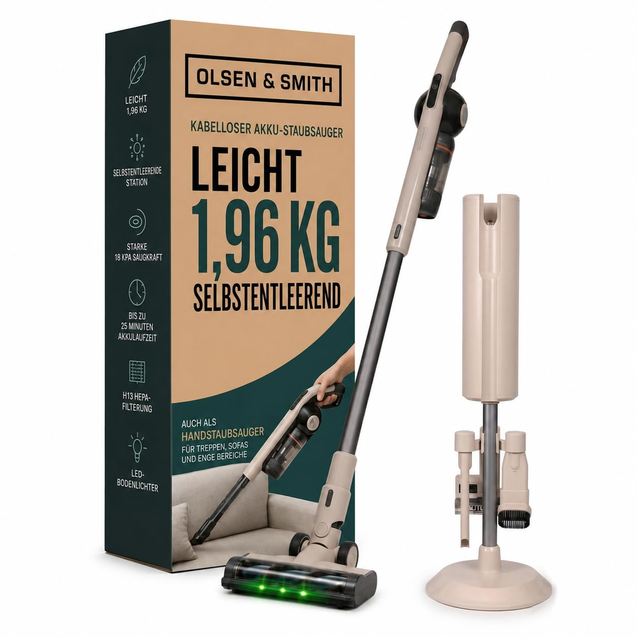 Olsen & Smith Selbstentleerender Akku Staubsauger – Leichter 5,3 kg Stiel- & Handstaubsauger, 18 kPa Saugkraft, 25 Min. Laufzeit, H13-HEPA-Filter, LED-Licht – Tierhaare, Auto & Teppich – Creme