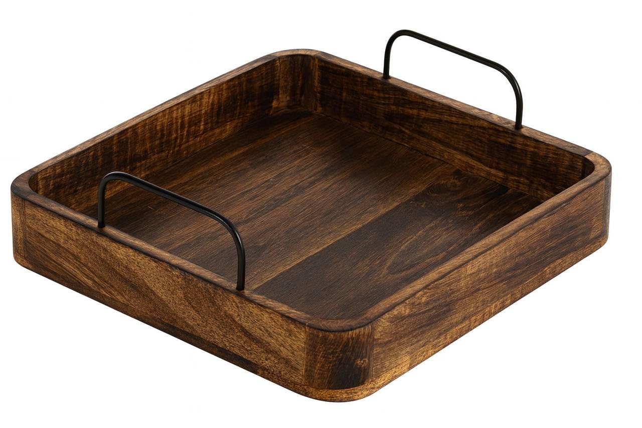 Wooden Serving Tray Square for Tea Coffee & Drinks | Solid Wood Dining Table Tray for Home & Kitchen | Rustic Coffee & Tea Serving Tray with Handles | 10 x 10 x 1.5 Inches-image-30