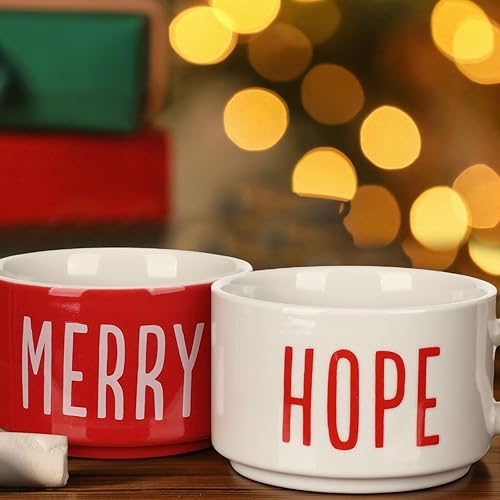 Miniatura 5 de Sliner Juego de 4 tazas de café grandes apilables de Navidad de 10 onzas con estante de porcelana, tazas de café de cerámica con soporte de metal,