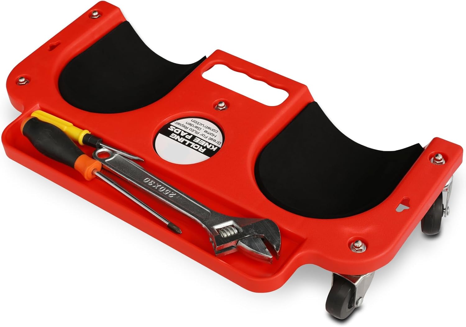 Rolling Knee Pads Flooring Knee Pads with Tool Tray Holder, Garage Rolling Knee Creeper Pads with five 360-Degree Swivel Castors for Home Workshop Auto Repairing, Built-in Tray/Handle, 10x20 Inch Red