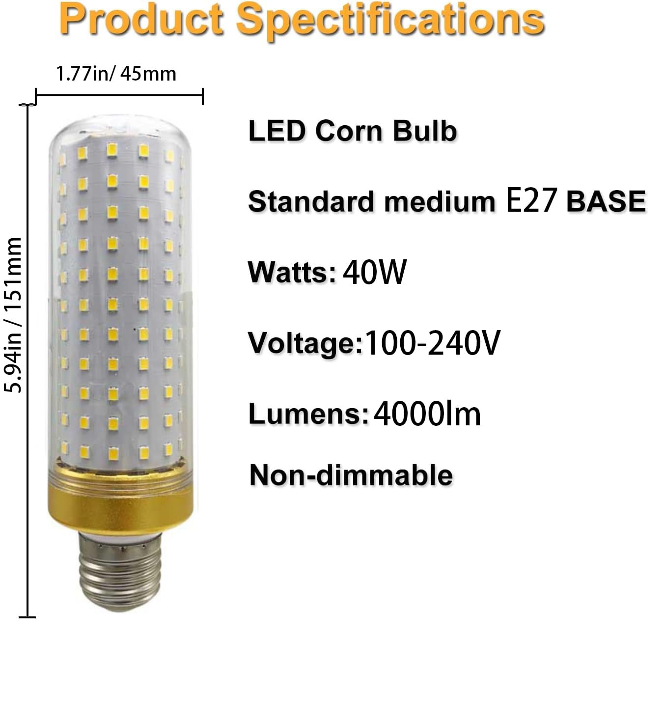 E27 Lampadina a LED 12w/16w/20w/30w/40w, 12W equivalente a 120W alogeno, 1200lm, AC100V-240V, Angolo di Fascio a 360 ° per l'illuminazione Domestica(Warm White 3000k,40W)