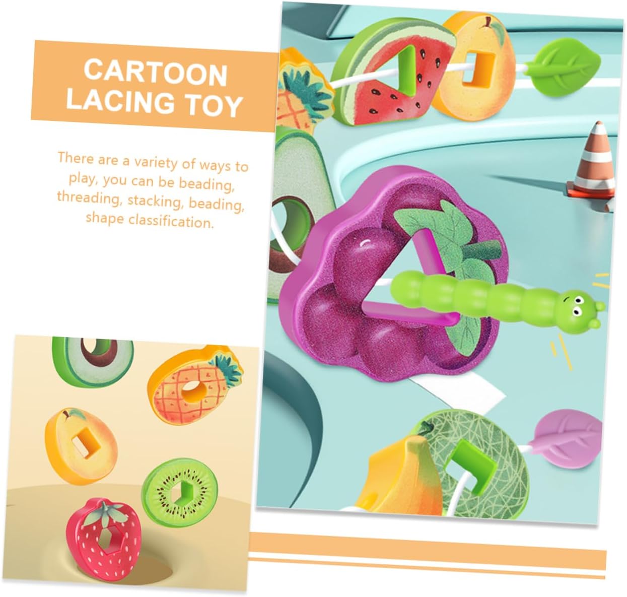 Vaguelly 1set Interactive Fruits Lacing Toy for Boys and Girls Educational Threading Game Develop Fine Motor Skills Recognition Safe Lightweight Fruit Beads for Learning Fun