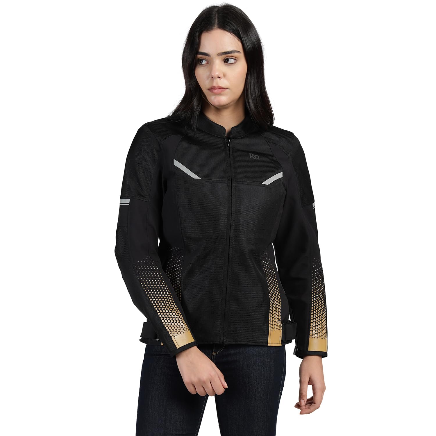Royal Enfield TOURER WOMENS RIDING JACKET | CE Class A certified | CE Level 2 armours- Shoulder, Elbow & Back | 100% Polyester stretchable fabric | Stretchable &high breathability GOLDEN (M) 41 CM-image-45