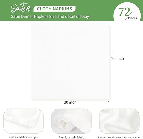 Miniatura 3 de Paquete de 72 servilletas cuadradas de tela de satén de 20 x 20 pulgadas, servilletas de seda lavables, reutilizables, servilletas de mesa de tela