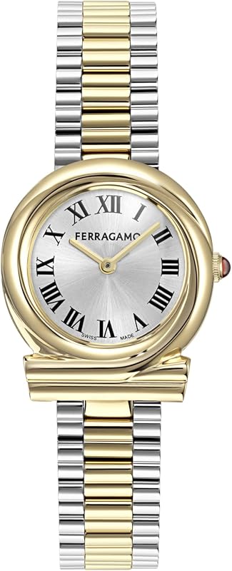 Ferragamo Gancini Twisted Collection Luxury Womens Watch Timepieces with a Two Tone Bracelet and Case Featuring a Silver Dial