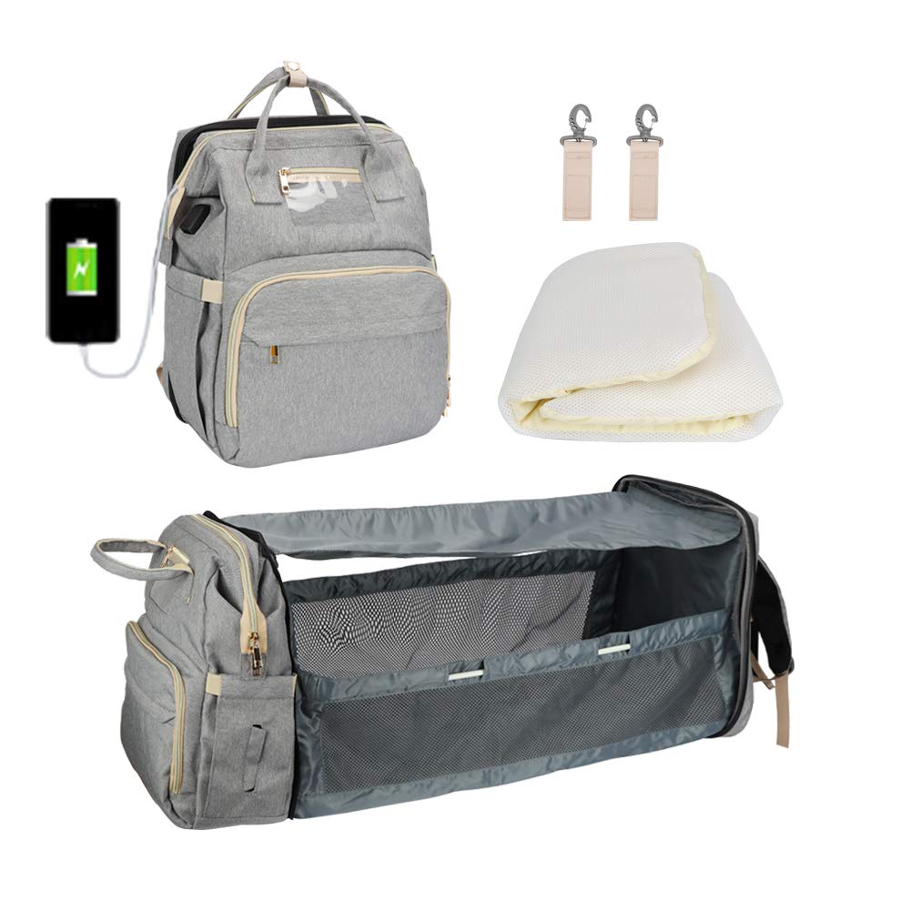WEIBIN Diaper Bag Backpack with Changing Station and USB Charging Port, Large Capacity Waterproof Durable Nappy Tote Bag for Mom Dad Baby Backpack with Foldable Crib and Stroller Straps, Grey