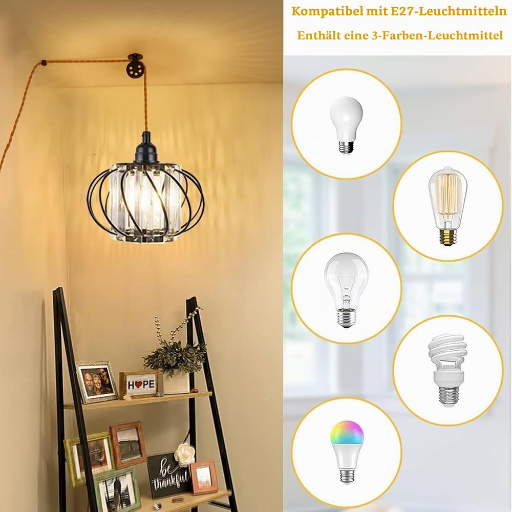 Pendelleuchte Kit mit Stecker E27 Retro Küche Hängelampe Lampenkabel mit 5 Meter Seil Kabel Dimmbar Plug in Hängeleuchte Schwarz Metall Kristall Lampenschirm Kronleuchter für Schlafzimmer Esszimmer