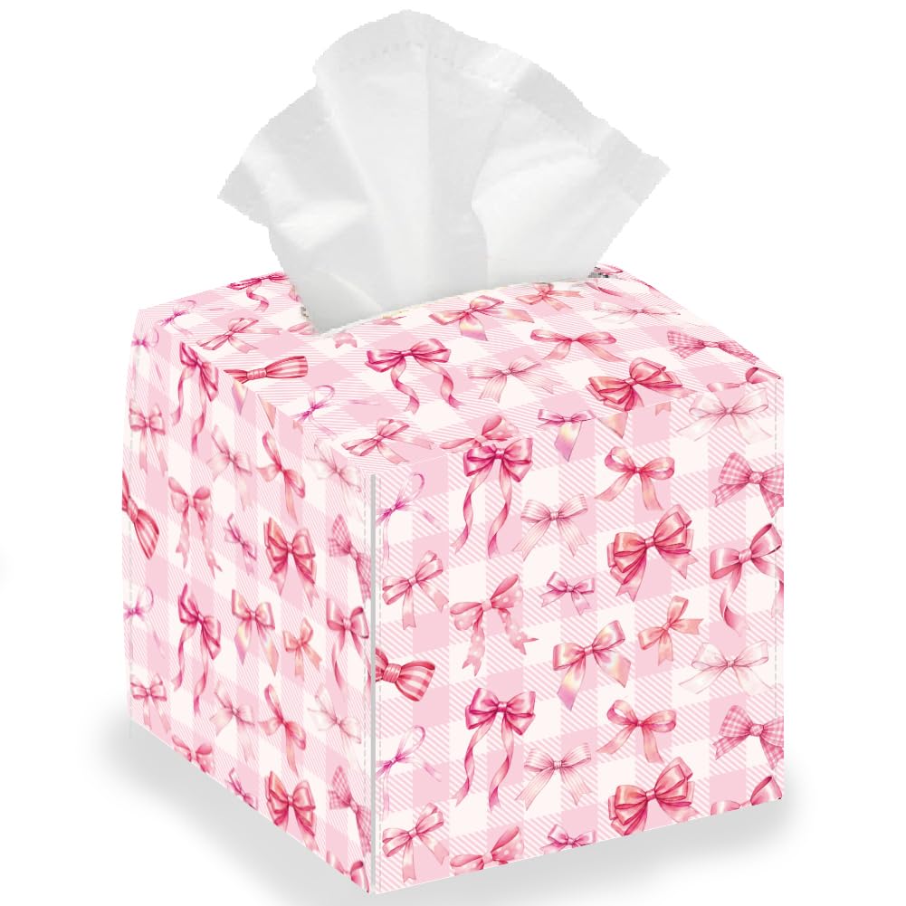 DELORIGIN Pink Bow Tissue Box Holder Leather Square Foldable Facial Paper Decorative Tissue Box Cover Paper Towel Case Container Organizer for Tabletop Bathroom Nightstands Home Kitchen Car Office
