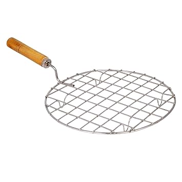 ikis Round Barbeque Jali Roti Roast Grill Papad Roaster Chapati Toast Grill Wooden Handle paneer tandoor net (20 cm)