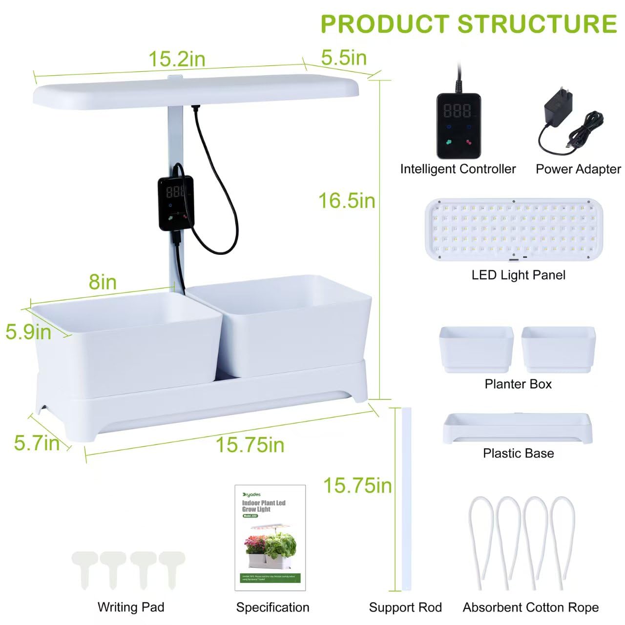 Macetas de luz LED de cultivo para jardín, kit de cultivo de hierbas, luz LED de espectro completo para plantas, lámpara de crecimiento ajustable en altura con controlador inteligente (blanco, 16 x