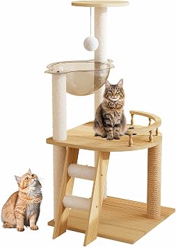 HACHIKITTY 41.3" Modern Cat Tower, Wood Cat Tree Tower for Indoor Cats, Cat Treewith Sisal-Covered Scratching Posts and Top Perch, Cat Condo with Acrylic Hammock for Small Large Cats