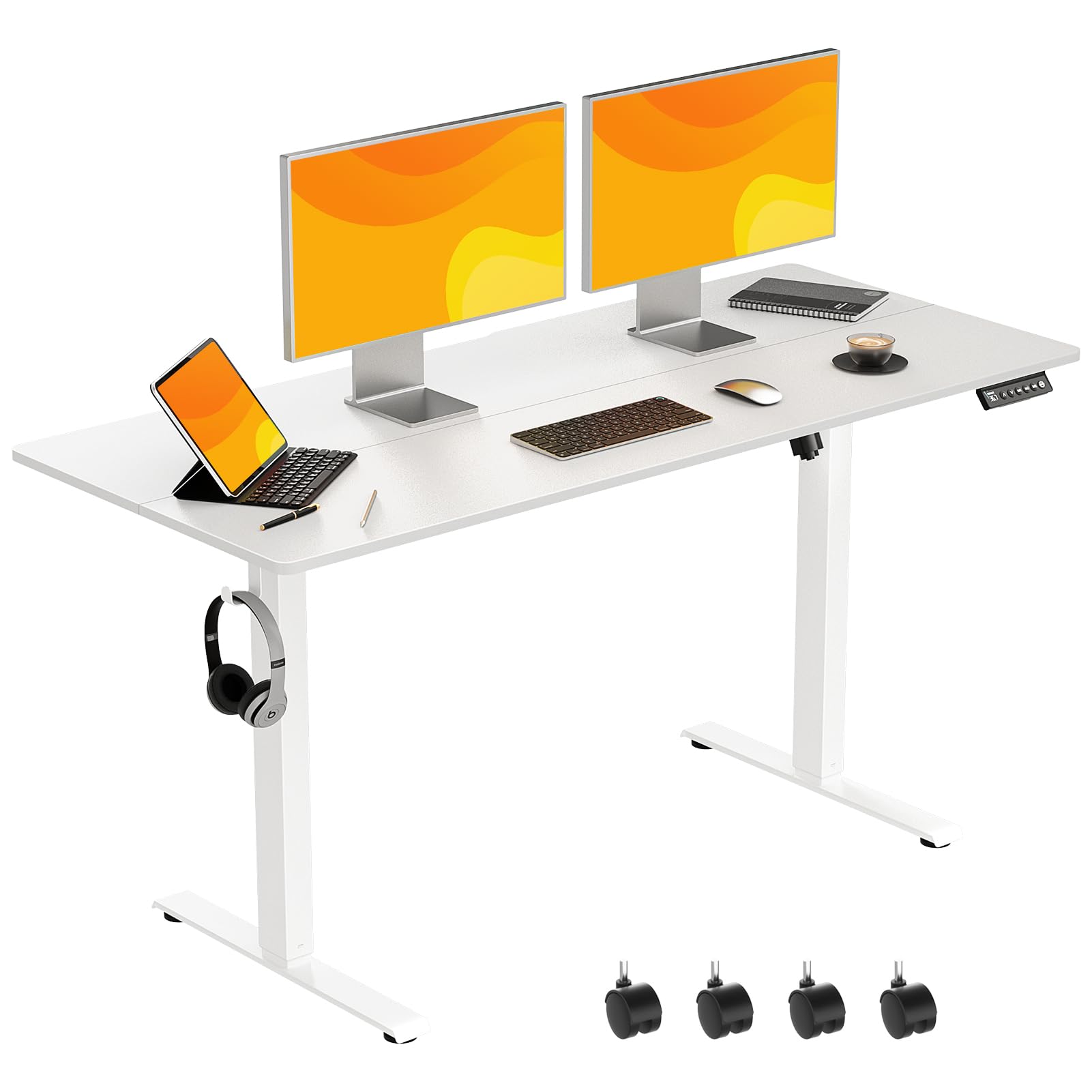 55 Inch Electric Standing Desk Adjustable Height with Wheels,Sit Stand Up Desk,Home Office Desk,Computer Workstation Gaming Rolling Work Desk (Spliced Desktop,White)