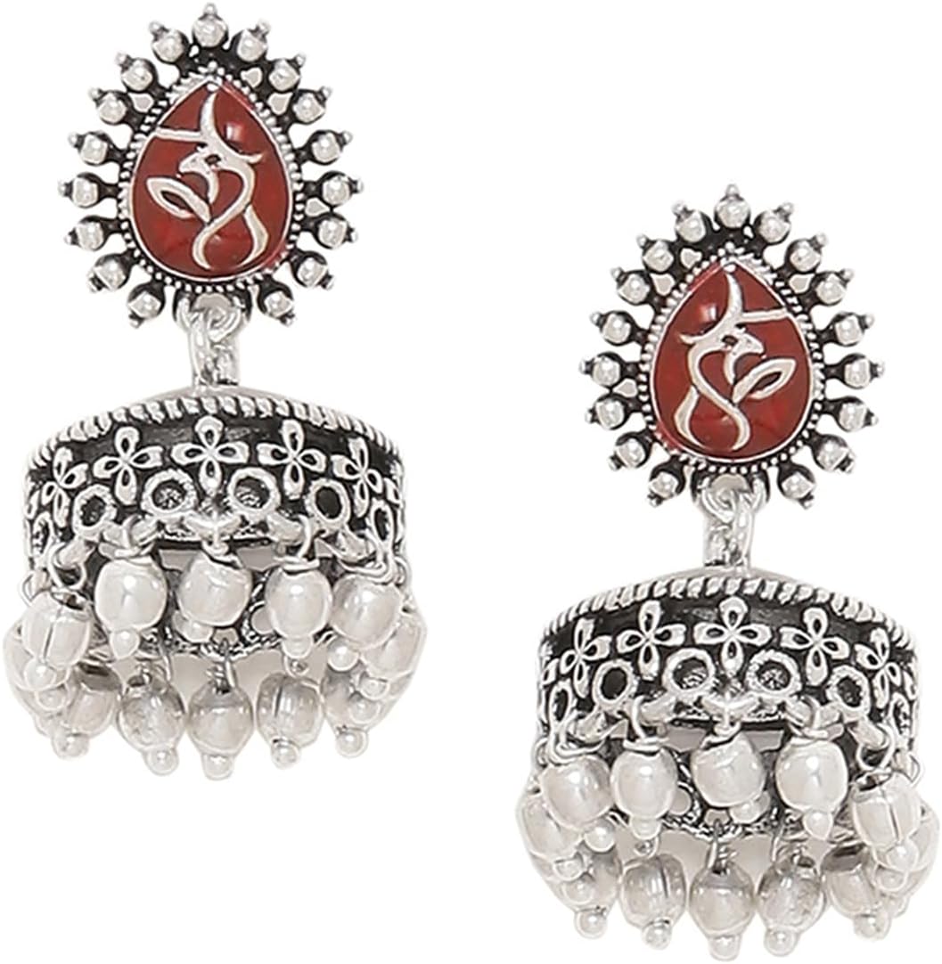 VOYLLA Brass Moksha Metal Embellishments Style Jhumki Earrings for Women and Girls, Silver