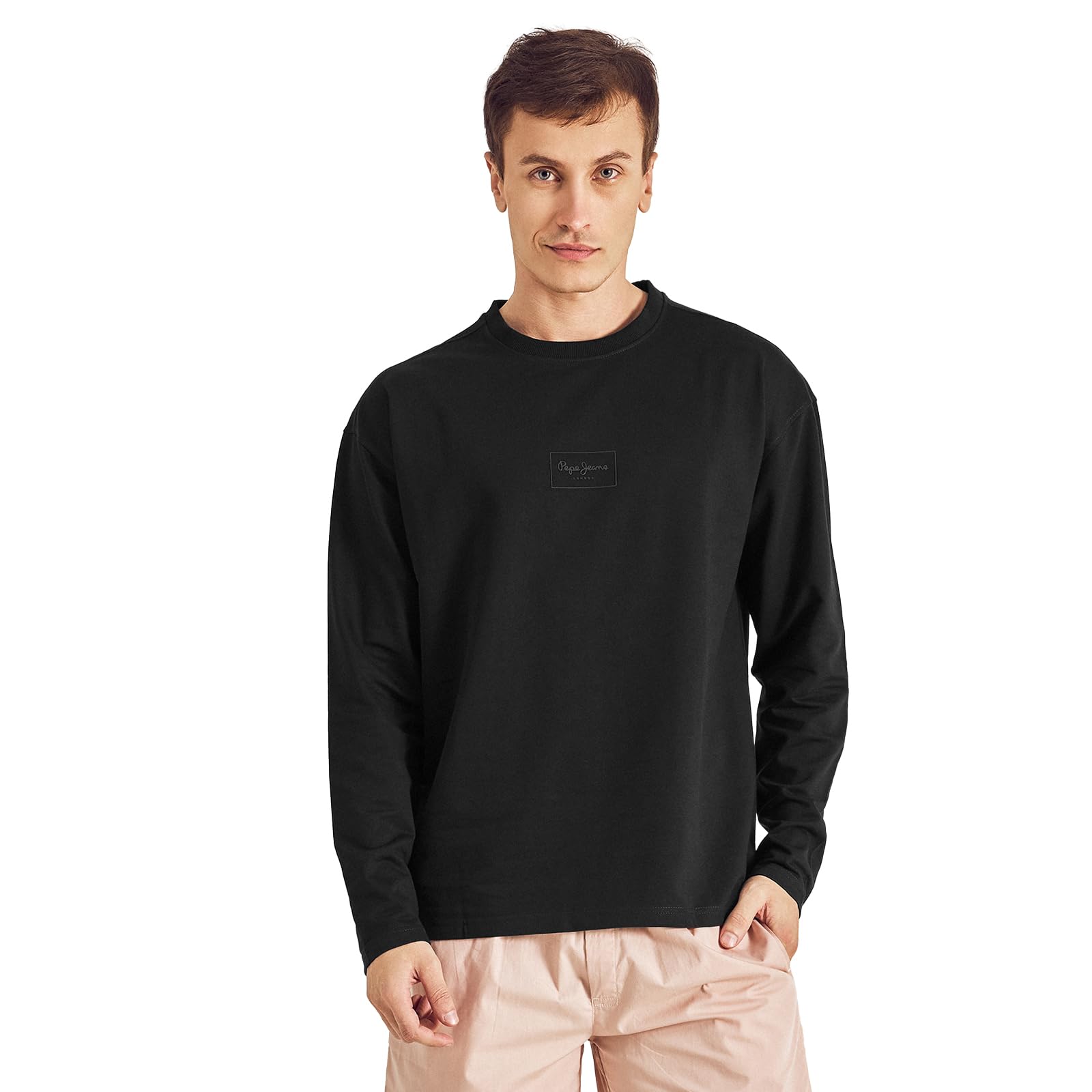 pepe jeans Men's Solid Cotton Poly Loose Fit T-Shirt | Premium Soft Casual Everyday Basic Tee for Men | Breathable Fabric Blend | Round Neck | Full Sleeves | Relaxed Comfortable All-Day Wear-picture-23