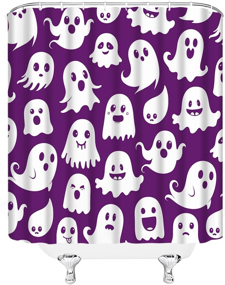 Halloween Ghost Shower Curtain Purple and White Spooky Cute Funny Cartoon Ghosts Icons Boys Girls Bathroom Decor Polyester Fabric Curtains with Hook 70Wx90H Inches