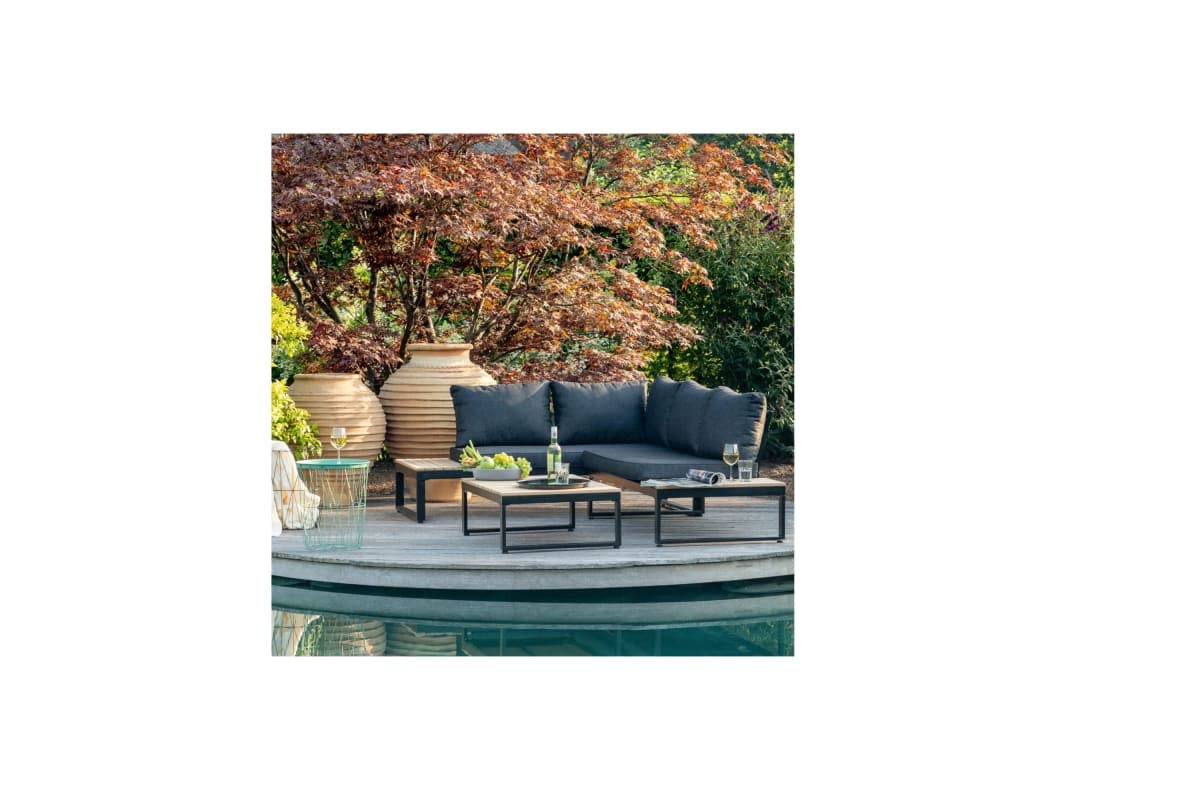 greemotion Ensemble Salon de Jardin Rio, Set de 2 Fauteils et Table en Bois d’Acacia FSC® 100%, Cadre Aluminium, Coussins en Polyester Inclus, Gris/Bois/Noir
