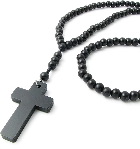 Amazon | ネックレス 木製ロザリオ 大粒ウッドビーズ クロス 十字架