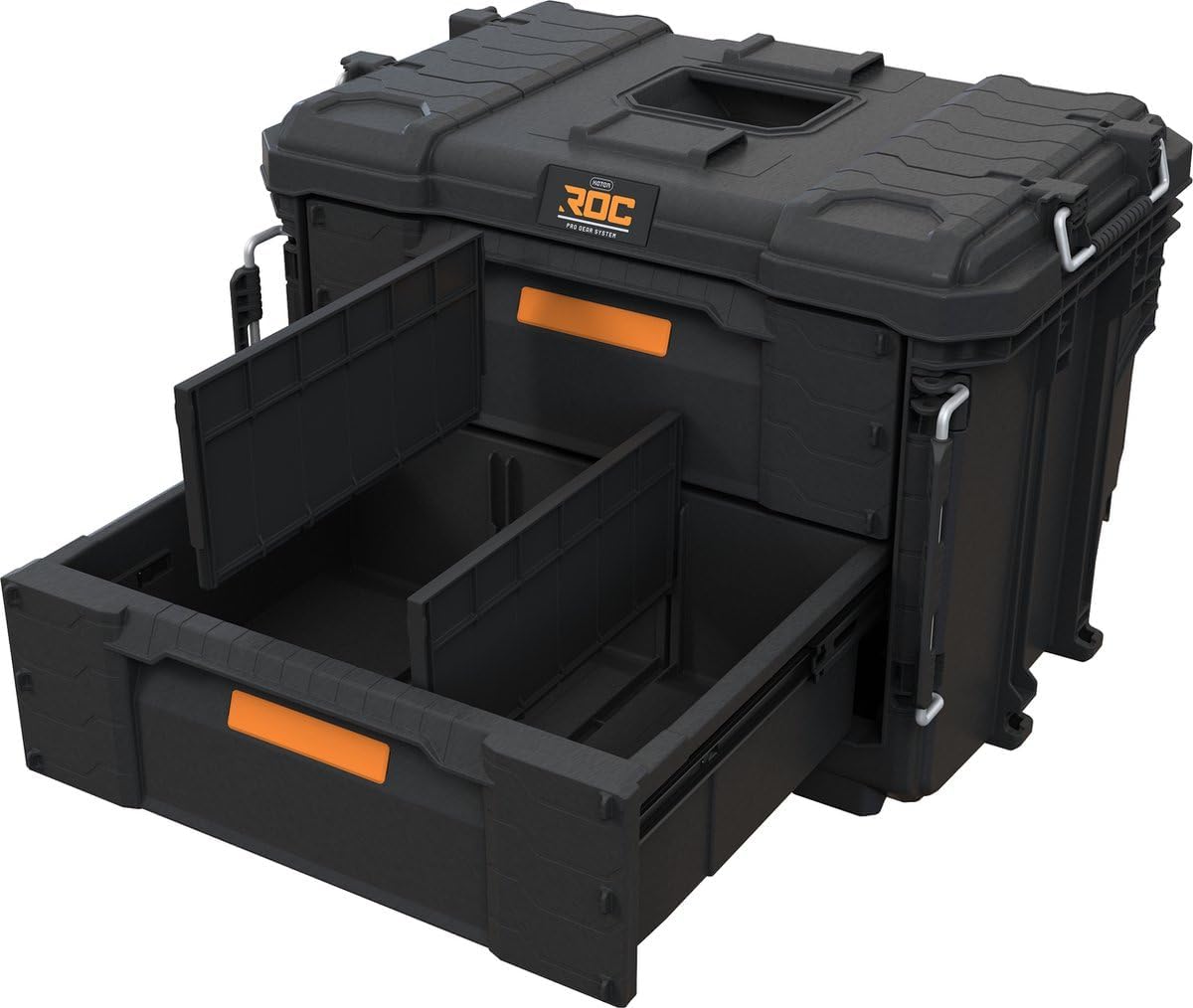 Keter Pro Gear XL 2-Drawer Tool Box with drawers open and dividers