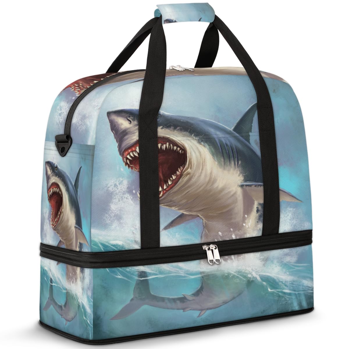 Sea Shark - Bolsa de viaje plegable con diseño de tiburón blanco de 47 litros, bolsa de fin de semana con funda para carrito de transporte, bolsa de hombro separada para deportes, gimnasio, viajes,