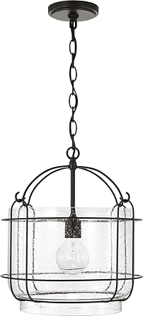 Capital Lighting 342912MB Harmon Urban/Industrial Vintage Walking Lantern Inspired Clear Seeded Glass Pendant Light Fixture, 1-Light 100 Watt, 15" H x 14" W, Matte Black