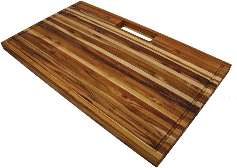 EcoDecors, Teak Edge Grain Cutting Board 34"x20", Extra Large Solid FSC Teakwood Butcher Block with Juice Groove, Handles & Waste Slot, Best Wooden Cutting Board for Kitchen Stove-Top Prep