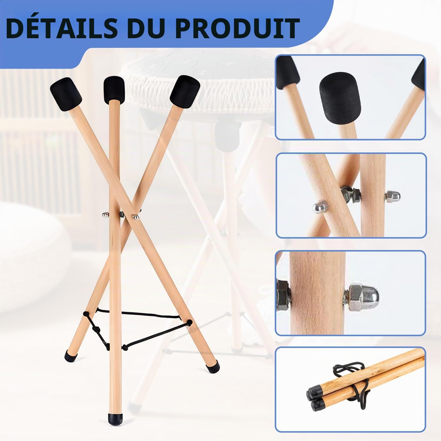 Support de tambour à langue en acier, support de tambour à main en bois de hêtre massif, support de tambour de réservoir, idéal pour instrument de percussion de 10'' à 15''