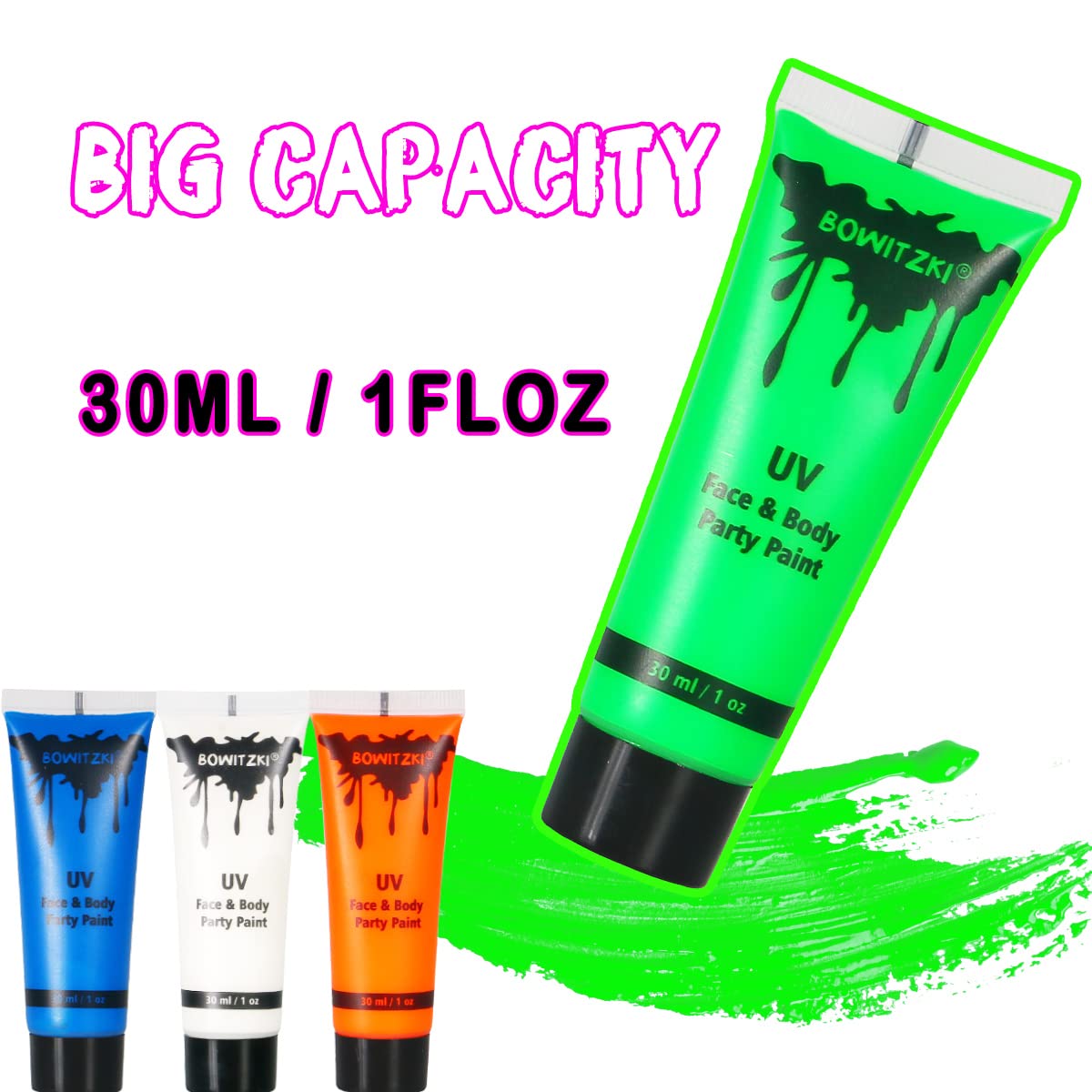Bowitzki UV Neon Face and Body Paint 8 x 30ml /1 oz Liquid Large Kit Black Light Glow in the Dark Makeup Set Fluorescent Painting for Adults Music Festivals Party Halloween Christmas