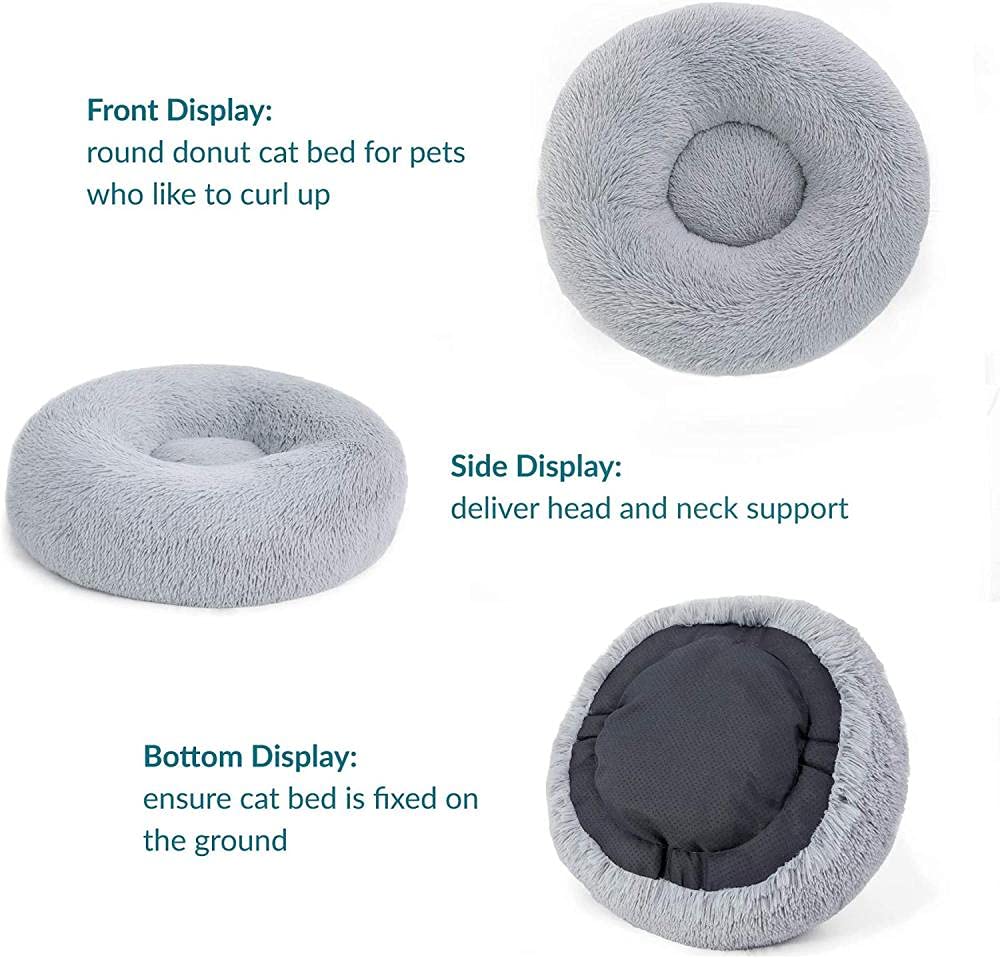 Bedsure Hundebett waschbar Flauschiges Katzenbett - Ø 50 cm Donut Kissen, Katzenschlafplatz für Katzen Kleine Mittelgroße Hunde, Plüsch Katzenkissen Rund Kuschelbett, Hellgrau