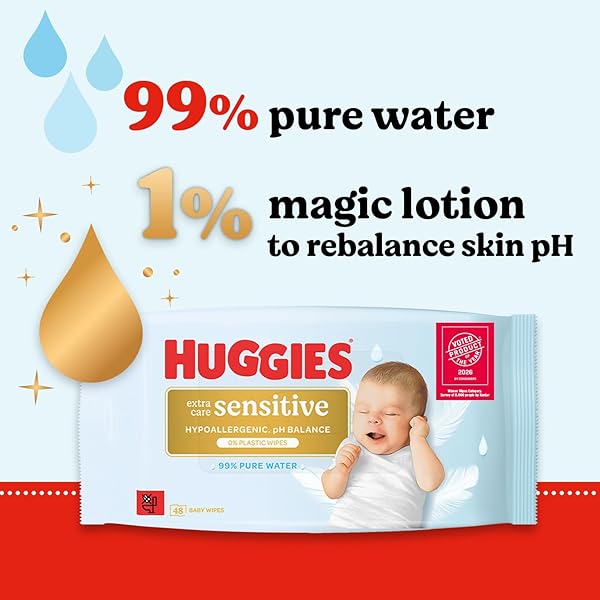 Huggies Extra Care Sensitive Baby Wipes - 12 Pack (576 Wipes) – Plastic Free Wet Wipes, 99% Water, Fragrance Free, Hypoallergenic, Extra Soft Texture with Soft Pillows - 4