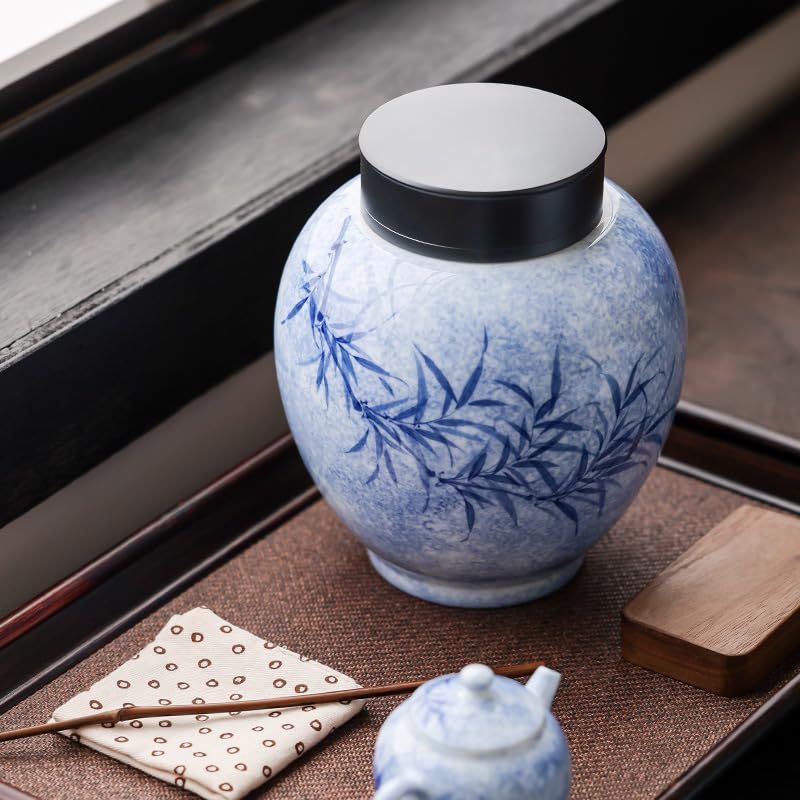 Zbiornik do przechowywania herbaty Czysty ręcznie malowany tuszem barwiony na zielono Duży okrągły pojemnik na herbatę Herbata domowa Zamknięta puszka Ceramiczny pojemnik(Jeden kolor-1300ml)