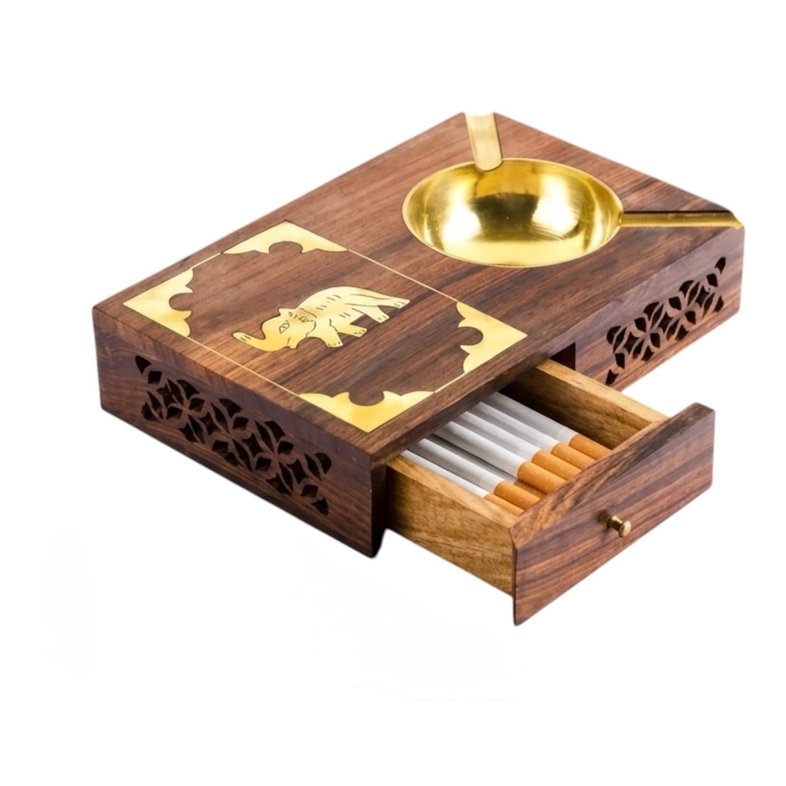 Wooden Cigarette Box with Brass Ashtray, Elephant Inlay | Slide-Out Drawer, Floral Carved Sides, Brass Inlay Work, Handcrafted Wood, Tabletop Organiser-image-29