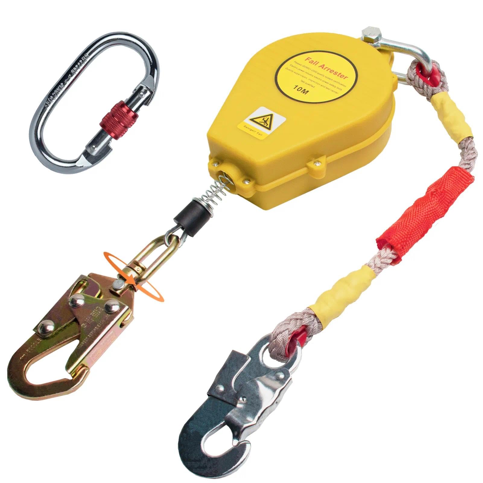 Dispositivo Anticaduta Retrattile Certificato, 10m Imbracatura di Sicurezza Anticaduta Tetto con Moschettone, 150kg Dispositivo Sicurezza Anticaduta Tetto/Lavoro Aereo (Giallo)